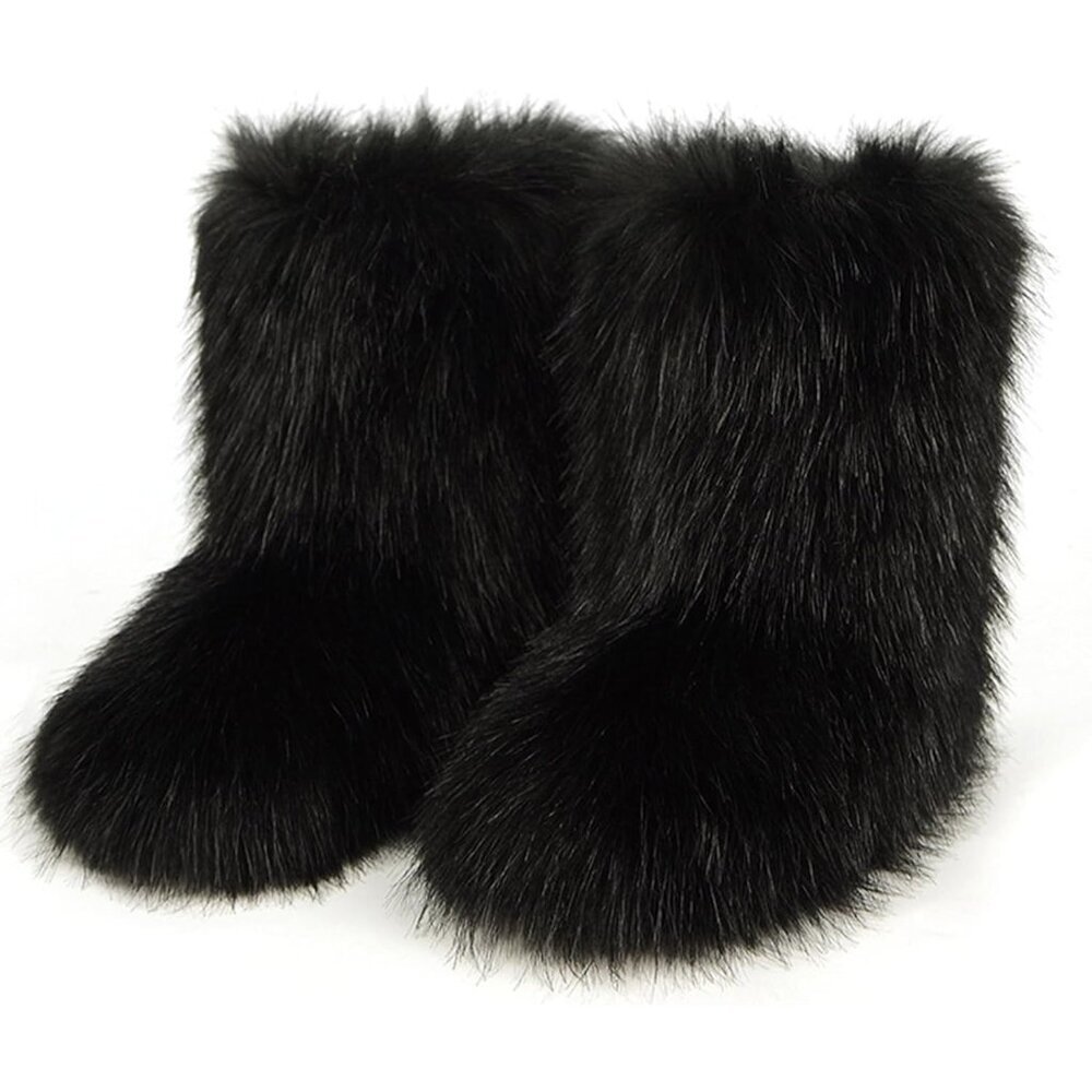 Women's Faux Fur Snow Boots Mid Calf Fuzzy Warm Leather Lined Winter Shoe